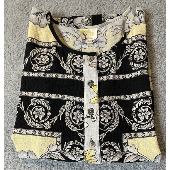 Fig And Flower Floral Tunic Blouse M Black Gray Crepe Boho Cottagecore Career - Picture 15 of 15